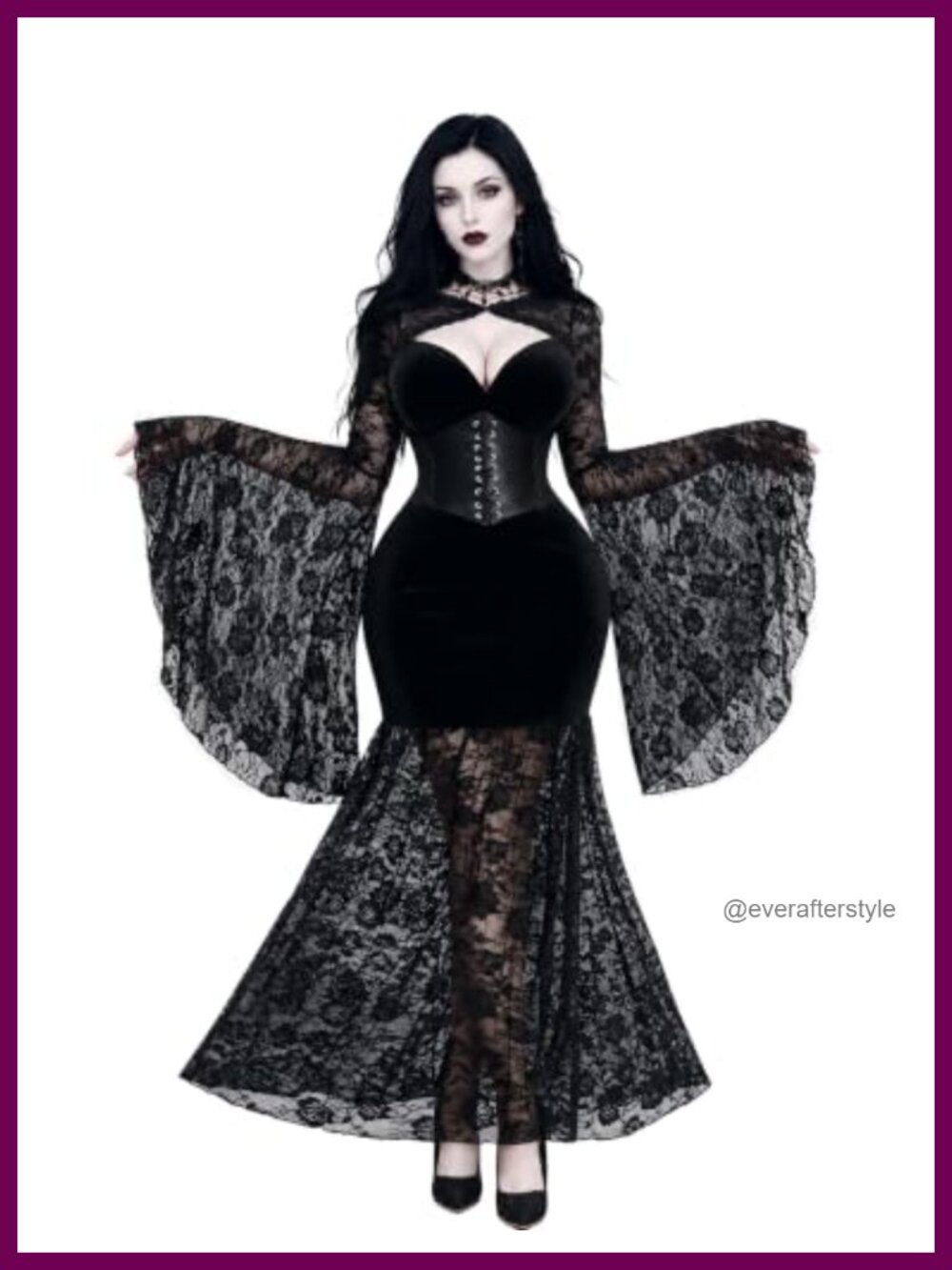 Vintage Gothic Velvet Maxi Dress Mermaid Bodycon Sheer Lace Hem Gown